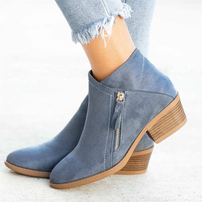 Women's Round Toe Ankle Boots - Side Zipper, Platform Heel, Large Size Leather Boots for Autumn Fashion