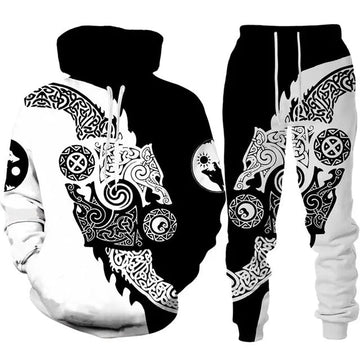 Men’s Vintage 3D Wolf Viking Tracksuit Set – Hoodie & Pants, Unisex Animal Print Sportswear Outfit