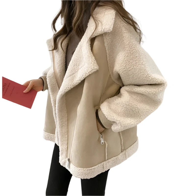 Women's Winter Aviator Biker Jacket – Chic Faux Fur Collar Lamb Wool Coat, 2022 Fashion Motorcycle Outerwear