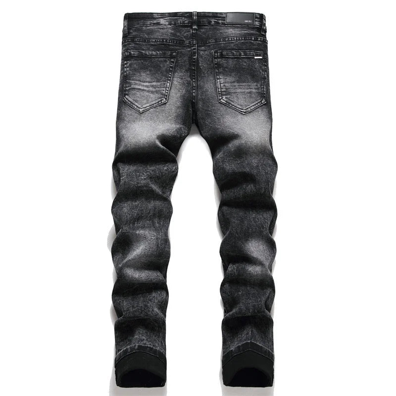 Men’s Slim Fit Black Jeans – Elastic Cotton with Embroidered Leather Label and Ripped Star Design