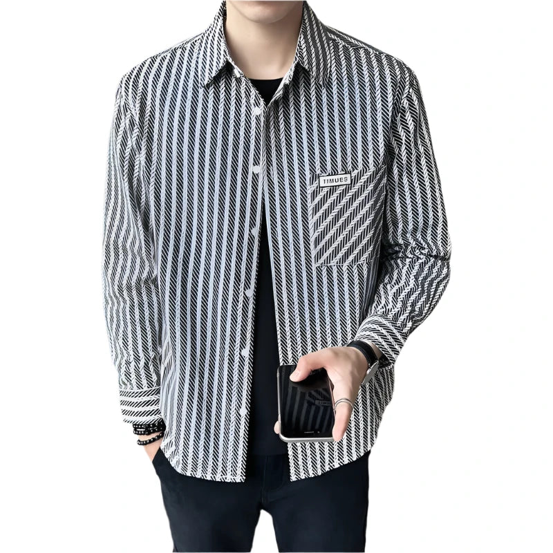 Men’s Striped Long Sleeve Shirt – Casual Loose Fit Turn-Down Collar, All-Match Trendy Button Blouse for Spring and Autumn