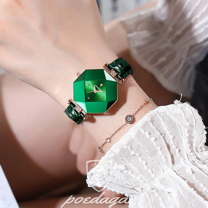 High-Quality Luxury Women's Watch: Diamond Quartz Waterproof Ladies' Green Leather Fashion Exquisite Timepiece