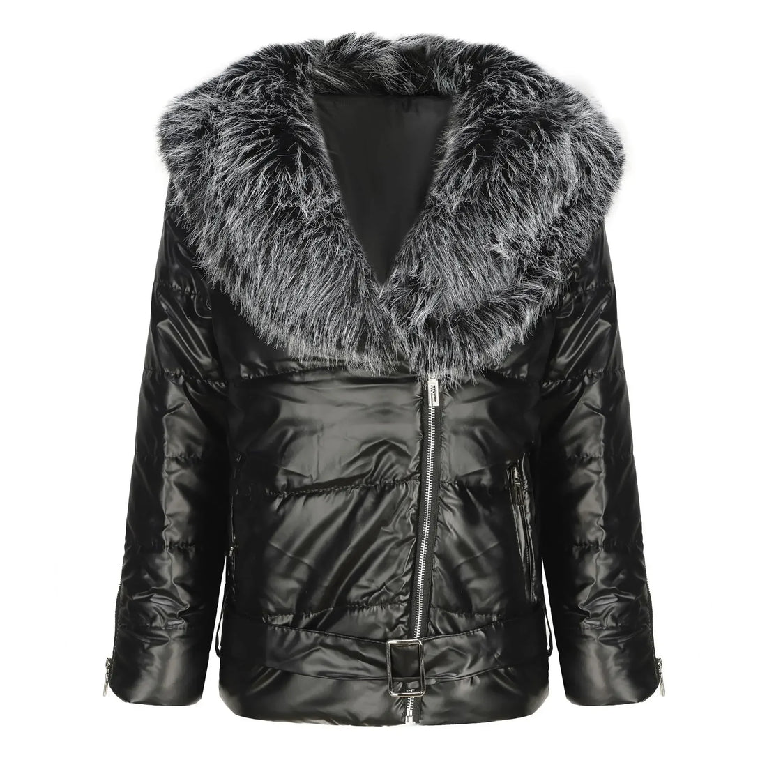 Glossy Women’s Short Down Cotton-Padded Parka with Big Fur Collar – Warm Winter Coat, Stylish Outerwear Jacket