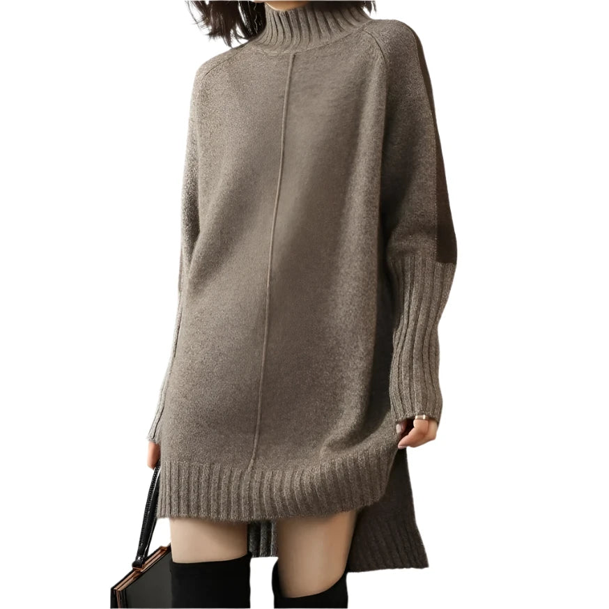 Women's Turtleneck Knitted Sweater Dress - Warm Autumn Winter Pullover with Split Hem, Thick Wool Crochet Y2K Cardigan Jumper