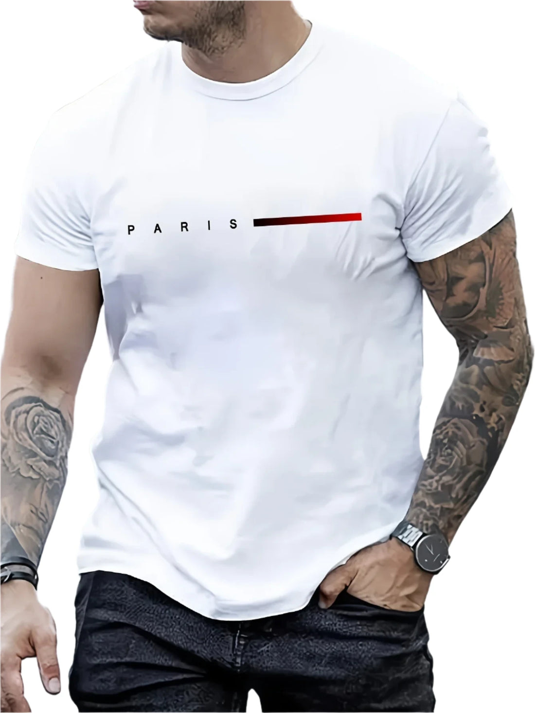 Men’s 100% Cotton Paris Letter Print T-Shirt – Casual Slim Fit, Short Sleeve, Round Neck Summer Top