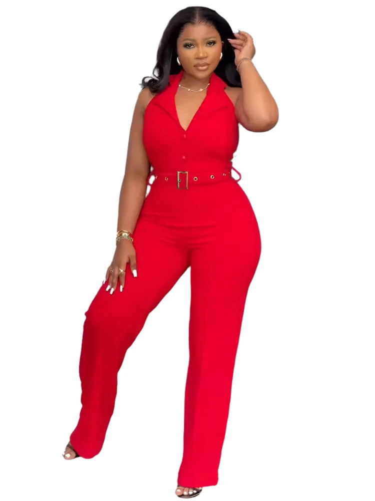 Women's Elegant Halter Backless Red Jumpsuit with Belt – Party Wide-Leg Romper, Fashion Birthday Clubwear Overalls