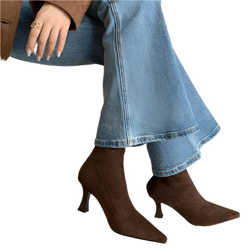 Vintage High Heel Ankle Boots for Women - Pointed Toe Elegant Stretch Booties for Autumn & Winter