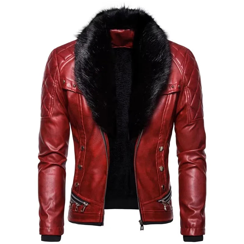 Men's Winter Fleece-Lined Motorcycle Jacket - Slim Fit PU Leather Bomber Coat with Turn Down Fur Collar | Warm Moto Biker Outerwear