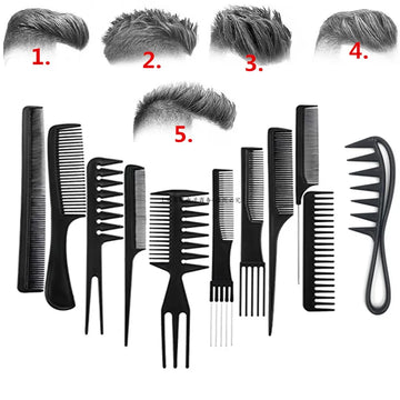 Plastic combs of various sizes and colors for men, women, and children.