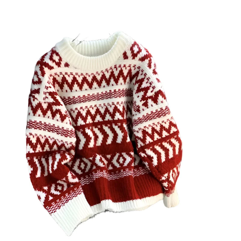 Women's Red Christmas Sweater - Thickened Retro Loose Fit Outerwear, Stylish and Cozy for Autumn Winter