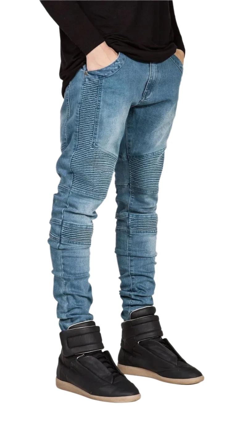 Men’s Skinny Biker Jeans – Streetwear Elastic Motorcycle Moto Denim Pants for Hip-Hop Fashion