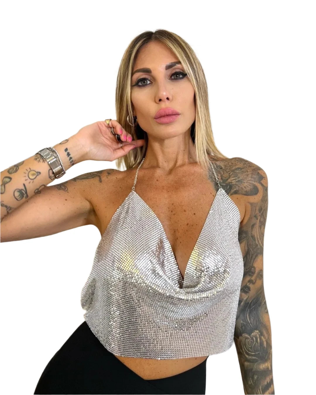 Summer Women's Glitter Mesh Cropped Top - Sequin V-Neck Backless Halter with Rhinestone Chain, Leopard & Rose Gold Snake Design