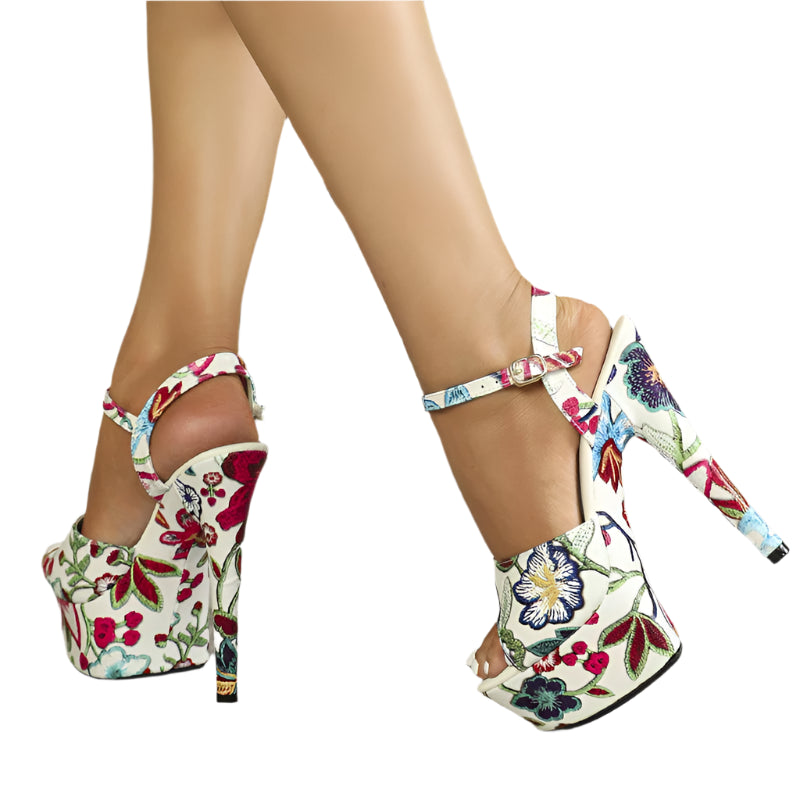 Designer Floral Print Leather Platform Sandals – Sexy Peep Toe, Super High Heels, Party & Club Stripper Shoes for Women