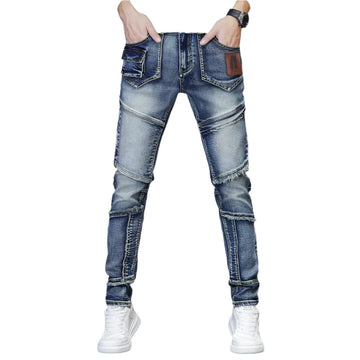 Trendy Men’s Retro Embroidered Jeans - Slim Fit Straight Denim Pants with Splicing Design