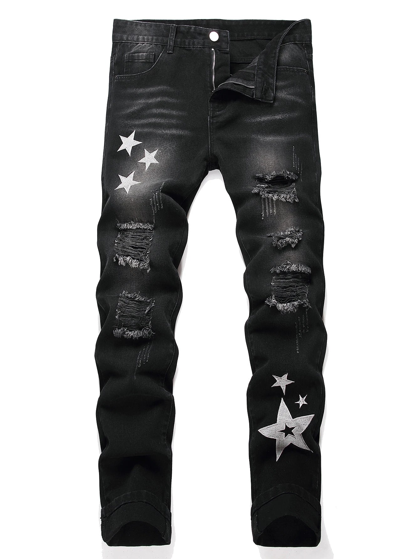 Black Y2K Distressed Ripped Jeans for Men – Mid Rise Straight Leg Denim Pants with Silver Star Design | Hip Hop Streetwear Fashion