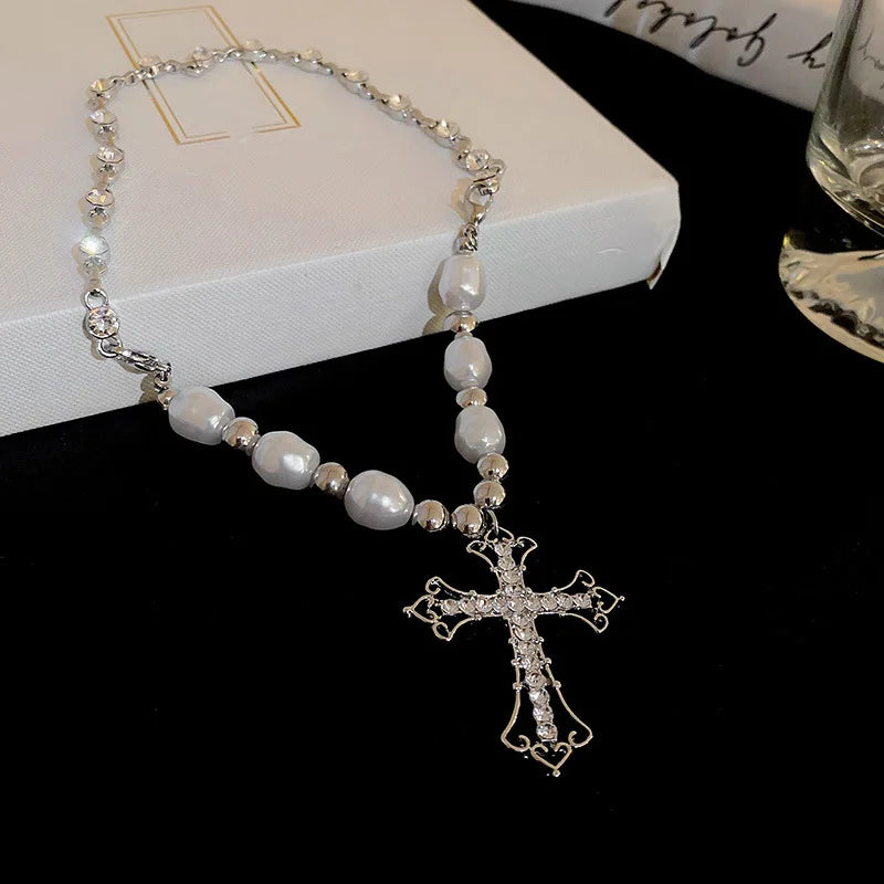 Artificial Diamond Cross Pendant Pearl Personality Cool Wild Collarbone Chain Necklace, a stylish and unique gift.