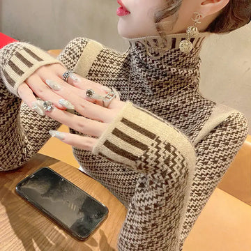 Elegant Women's Striped Pullover Sweater - Y2K Slim Fit Mock Neck Casual Chic Office Lady Top for Spring & Autumn