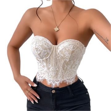 White Lace Corset Crop Top - Summer Strapless Push-Up Bustier with Buckle - Slim Fit Sexy Lingerie Camisole for Women