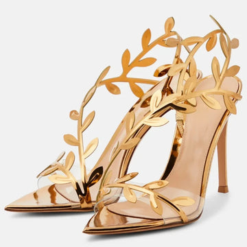 New Summer Women's Stiletto High-Heeled Sandals – Elegant Golden Branch & Jade Leaf Design, Pointed Toe, Chic Party & Evening Shoes