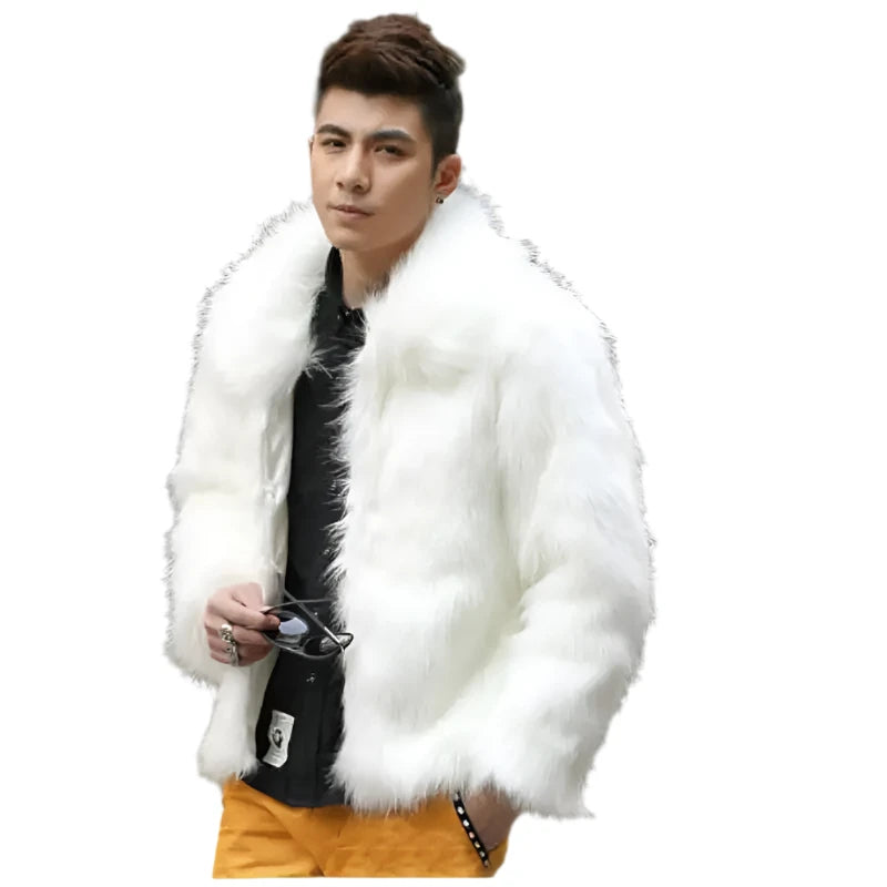 Men's Faux Leather Jacket - Casual Slim Fit Fashion Coat with Fox Fur Lapel in White and Black | Jaqueta Motoqueiro