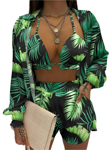 Green Print High Waist Bikini Set - Women’s Sexy Lace-Up 3-Piece Swimsuit for Beach & Bathing