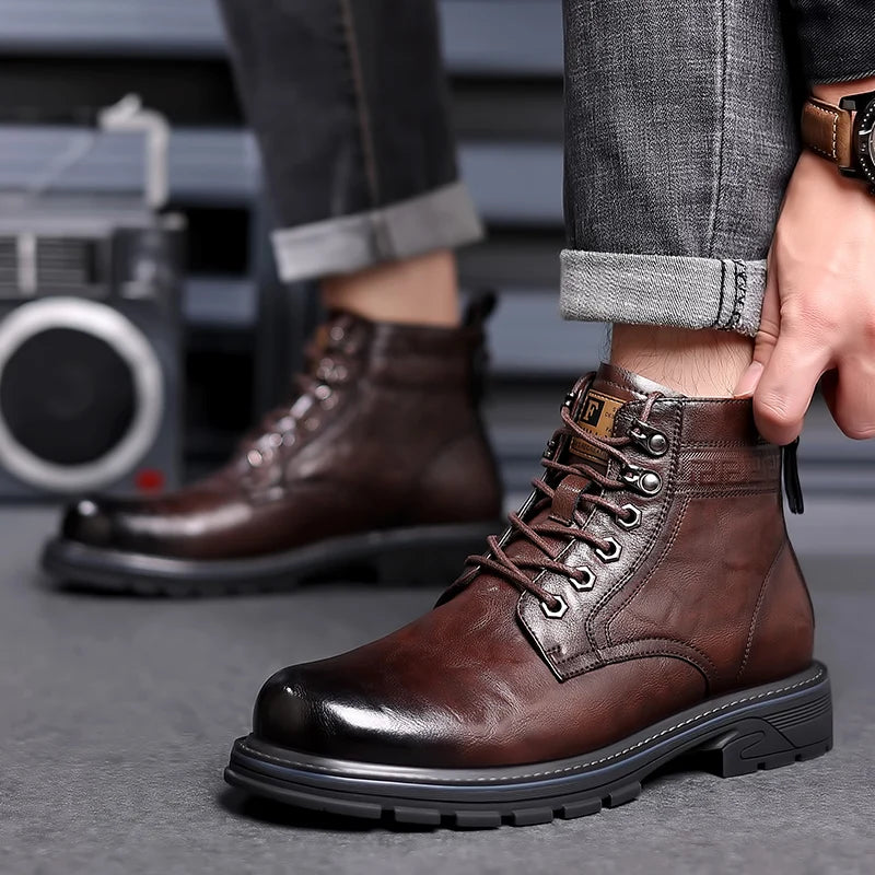 Men's Business Casual Ankle Boots - Genuine Leather Lace-Up Shoes for Autumn/Winter, Upscale Fashion