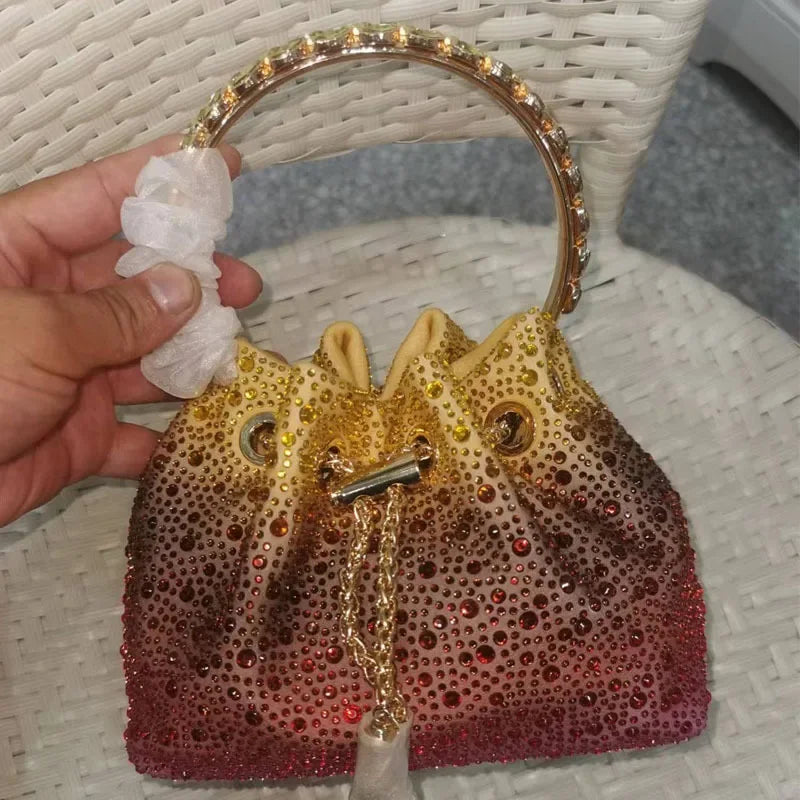 Elegant Women's Fashion Bucket Bag with Sparkling Diamond Embroidery - Hard Shell Shoulder Purse