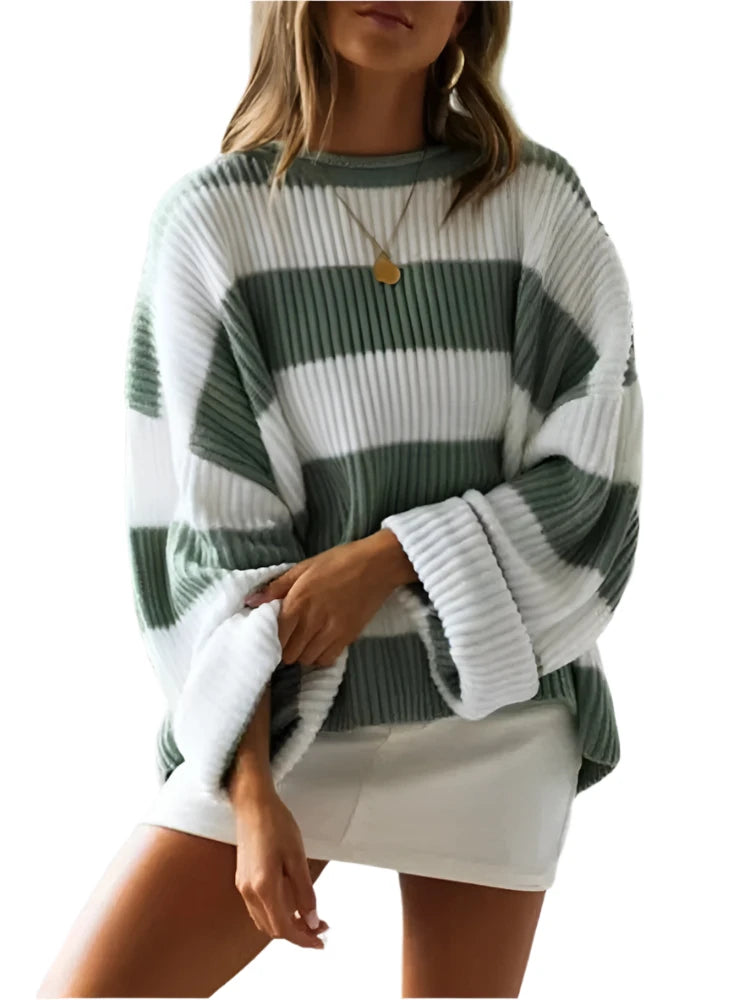 Women's Striped Knitted Sweater - O-Neck, Bell Sleeve, Loose Fit, Y2K Preppy Style, Autumn Winter Fashion