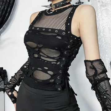 Gothic Punk Fishnet Crop Top - Women's Backless Steampunk Camisole for Rave & Clubwear