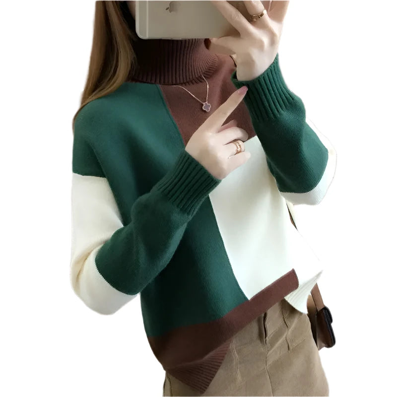 Women's Contrast Color Turtleneck Sweater - Loose Fit Knitted Pullover, Long Sleeve, Casual Elegant Style, Autumn Winter Fashion