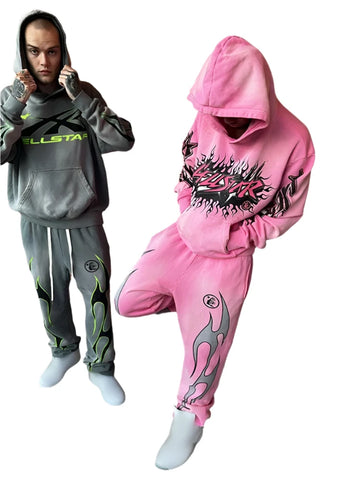 Men's & Women's 2-Piece Flame Print Hoodie and Drawstring Sports Pants Set – Trendy American-Style Hip-Hop Streetwear Suit