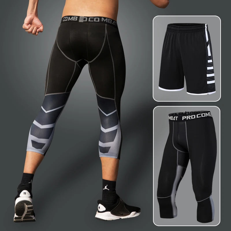 Men's Running Compression Sportswear Set - Gym Leggings & Football Shorts | Outdoor Fitness Tight Pants for Jogging and Basketball