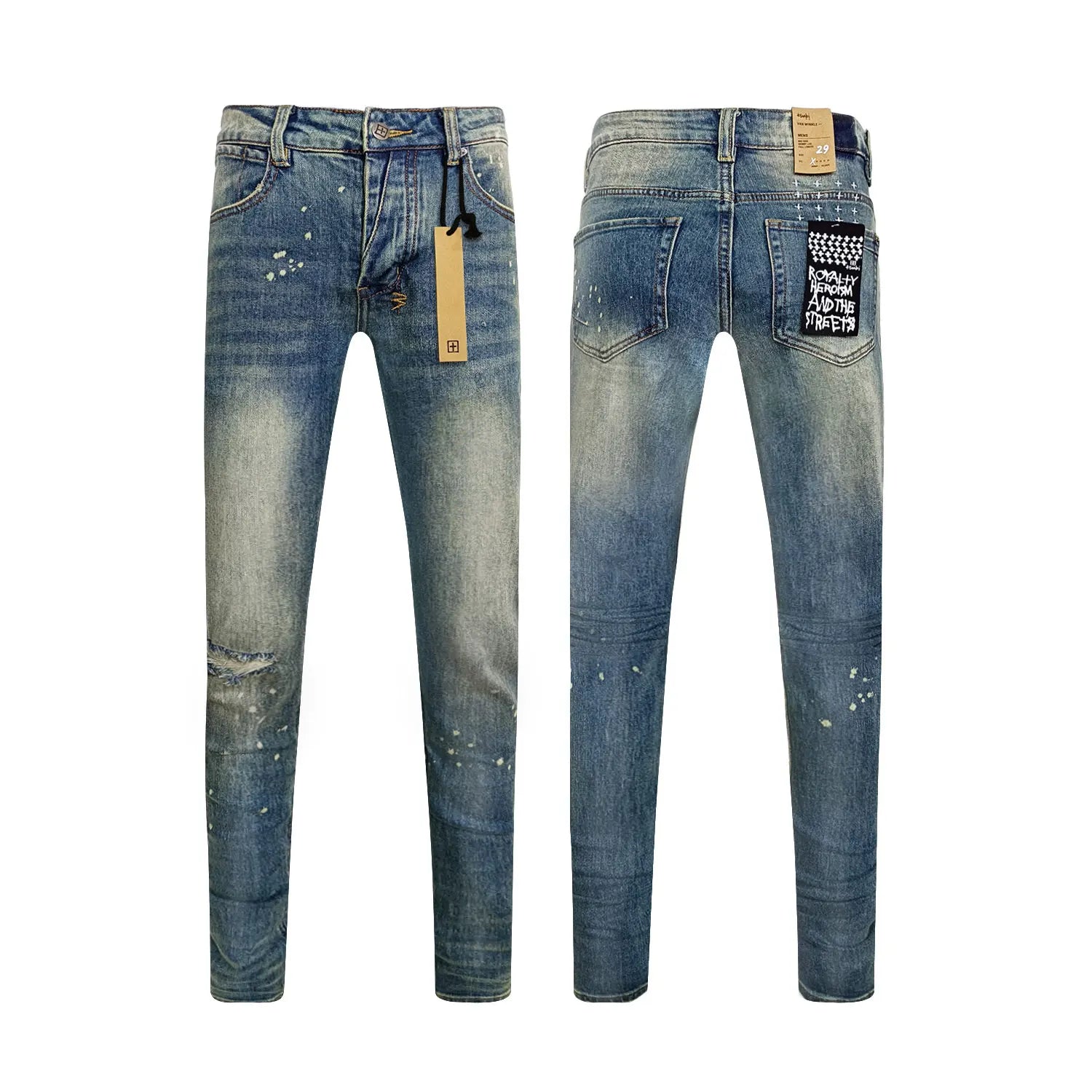 American High Street Trendy Low Rise Skinny Jeans – Pleated, Ripped, Distressed Letter Embroidered Denim Pants for Men