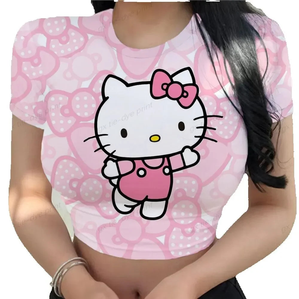 Korean Style Women's Fashion T-Shirt - Printed Short Sleeve Crop Top with Hello Kitty Design