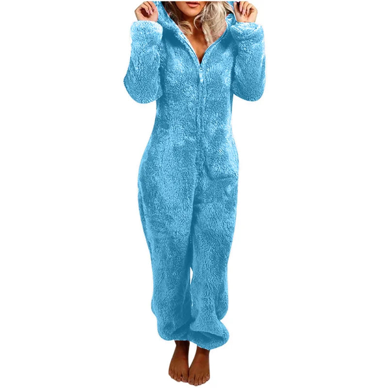 Women's Plus Size Fluffy Velvet Jumpsuit - Warm Hooded Tracksuit with Zipper