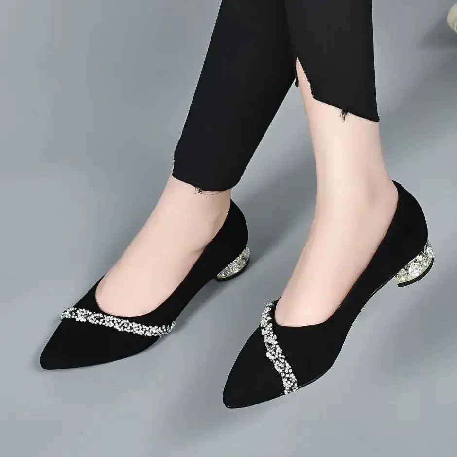 Women's Black Pointed-Toe Career Shoes – Medium Heels with Rhinestone Crystals for Work & Elegance