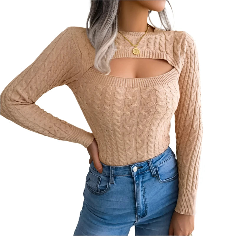 Women's Hollow Out Long Sleeve Sweater - Round Neck, Solid Color, Autumn Winter Fashion, Slim Fit Knitwear