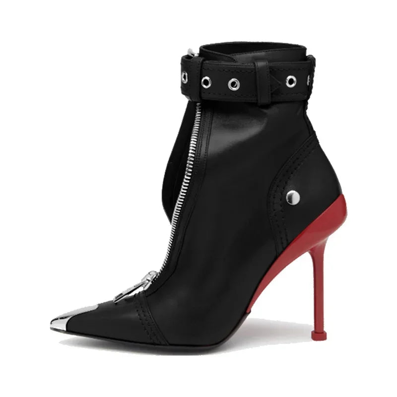 Red Pointed Toe Ankle Boots for Women - Belt Buckle, Front Zipper, Metal Decoration, High Heel Fashion Booties for Autumn/Winter