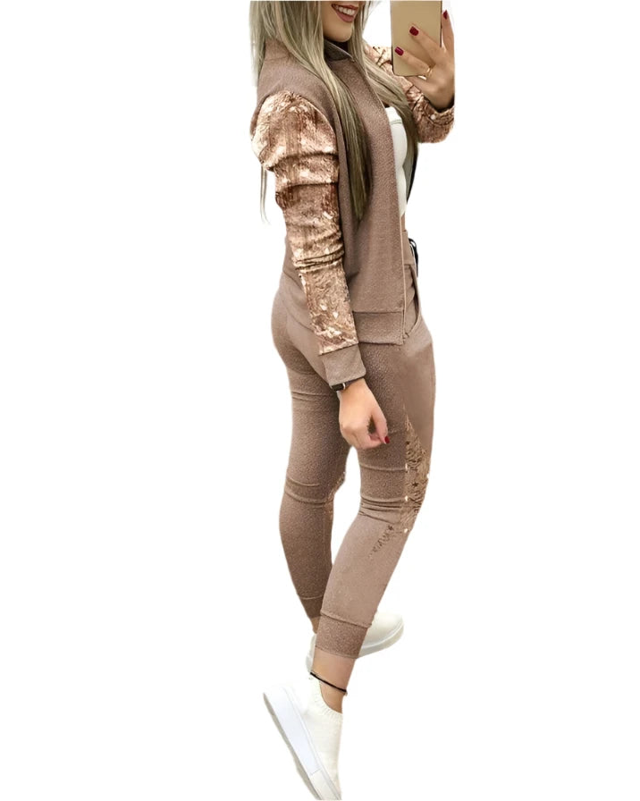 Women's Two-Piece Autumn Outfit - Sequin Zipper Jacket & Drawstring Pants with Pockets