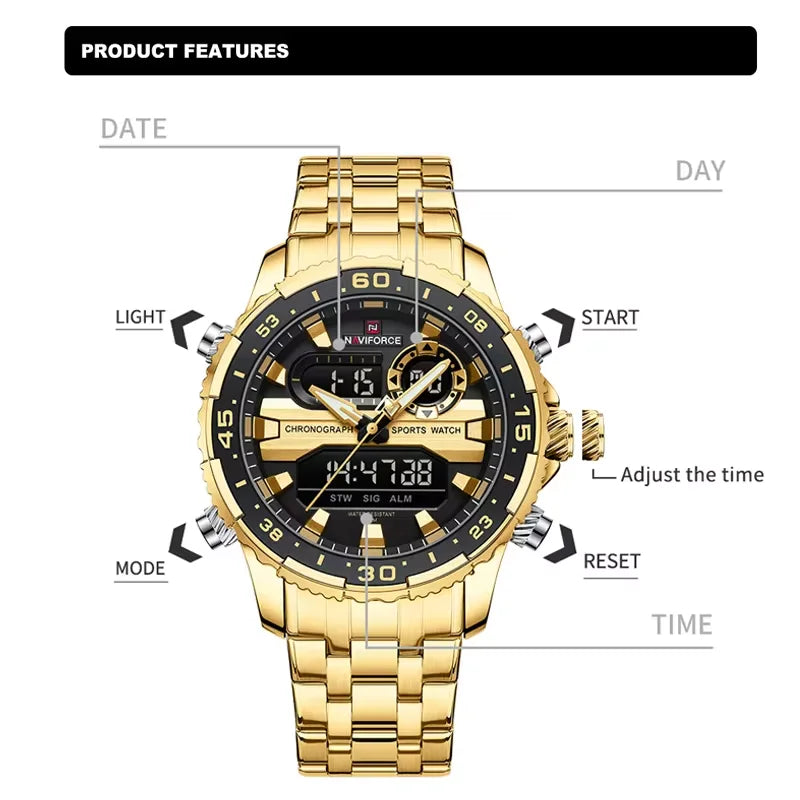 Black, Gold, or Silver Men's Luxury Sport Watch - Fashion Quartz Waterproof Stainless Steel Strap