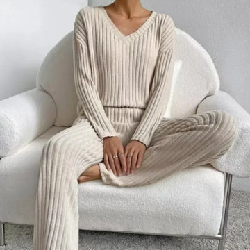 Women's Knitted Loungewear Set - V-Neck Pullover & Straight Pants Pajamas for Autumn Winter