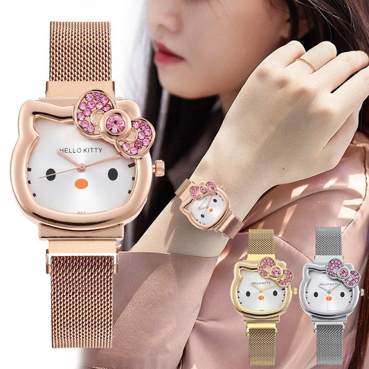 Hello Kitty Women's Watch: Kawaii Diamonds Cartoon Bow Tie Magnet Watch, Girls' Fashion Versatile Jewelry Watch, Holiday Gifts