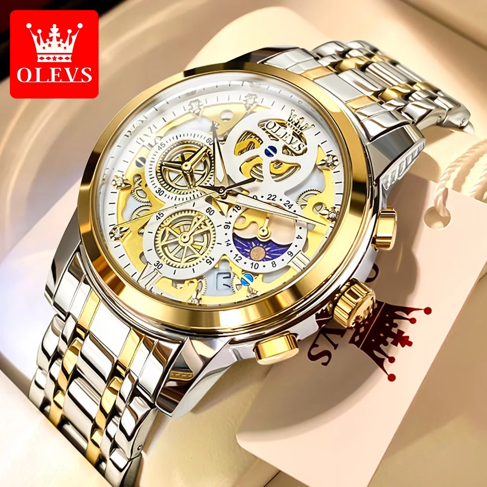 Olevs Men's Luxury Gold Skeleton Quartz Watch – Waterproof, 24-Hour Day-Night Display, Original Top Brand Timepiece