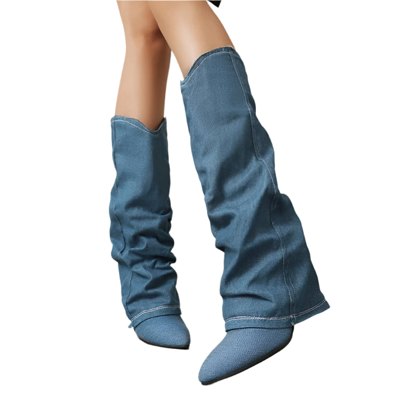 Blue Cowboy Boots with Pointed Toe and 8.5cm Block Heels, For Women