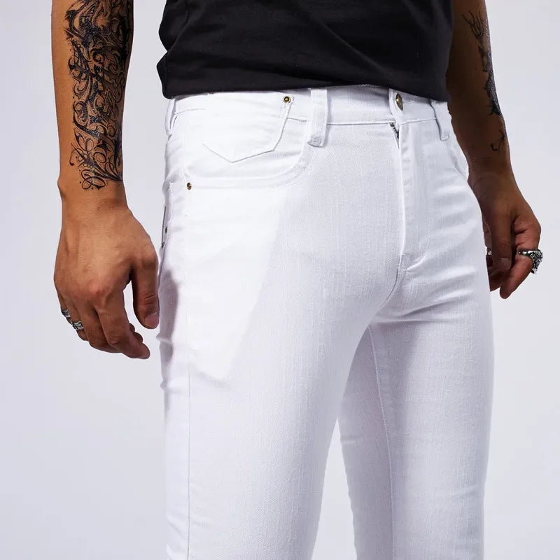 Men’s Fashion White Jeans – Slim Fit Stretch Straight Denim Pants for Casual Streetwear