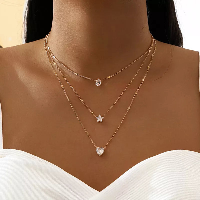 Crystal Zircon Heart Star Charm Layered Pendant Necklace Set for Women: Charms, Fashion, Square Rhinestone, Female Vintage Jewelry