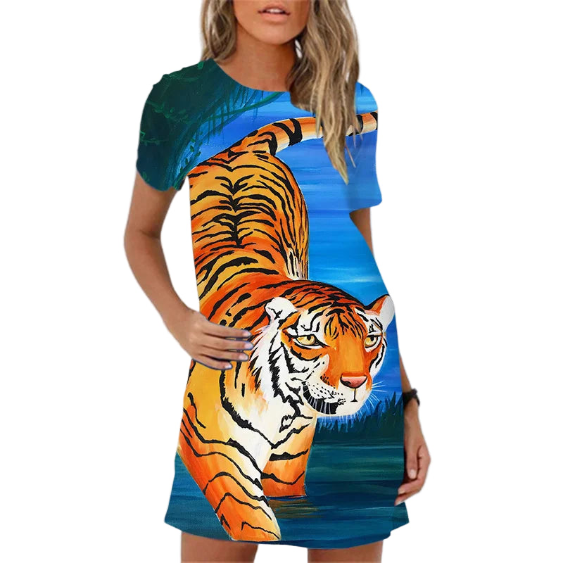 Women’s Tiger Print A-Line Mini Dress – Summer Casual Short Sleeve Style
