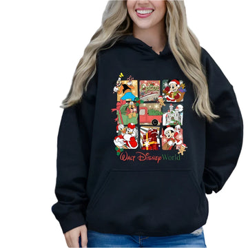 Women's Christmas Hoodie - Disney Mickey Mouse & Donald Duck Print, Loose-Fit Black Sweater, Casual Sportswear Top for Adults