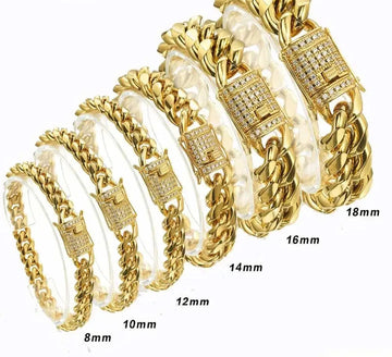 Premium Gold-Plated Miami Cuban Link Bracelet - 8mm-16mm Stainless Steel with Iced CZ Clasp, Luxury Hip Hop Jewelry for Men & Women