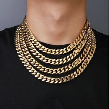 18K Gold Plated Chunky Miami Flat Curb Cuban Link Chain Necklace - High Polished Stainless Steel for Men